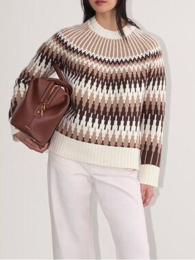 Everlane 100% Wool Fair Isle Crew Neck Sweater Bone/Brown Luxury Warm.   10